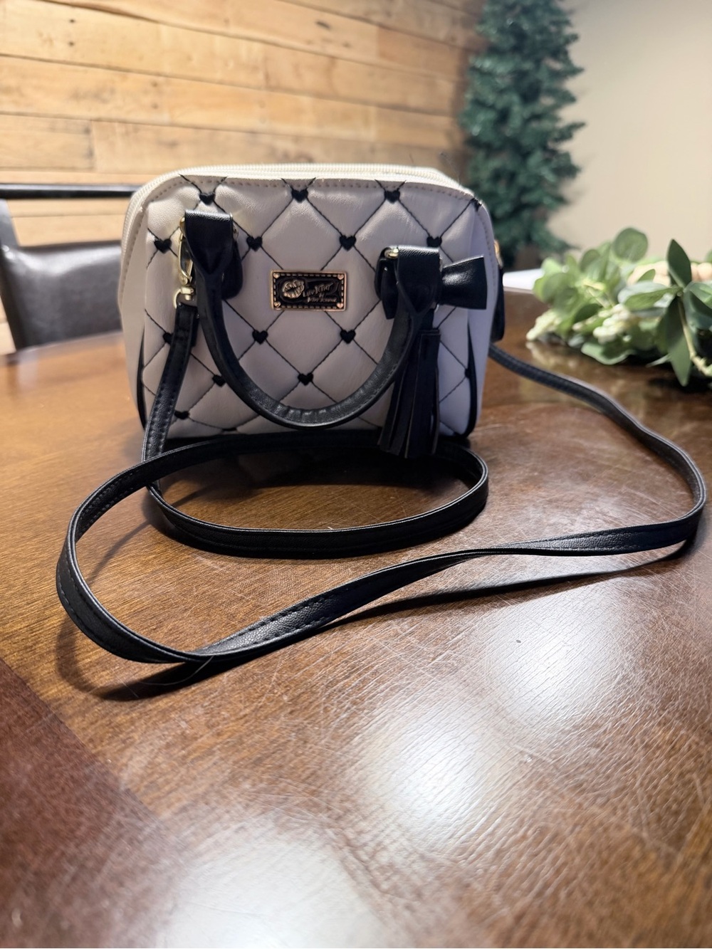 Luv Betsey Quilted White and Black Crossbody Bag with Tassel Detail
